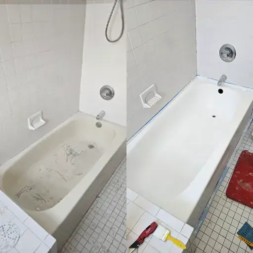 Before and after bathtub refinishing with clean high-gloss surface restoration